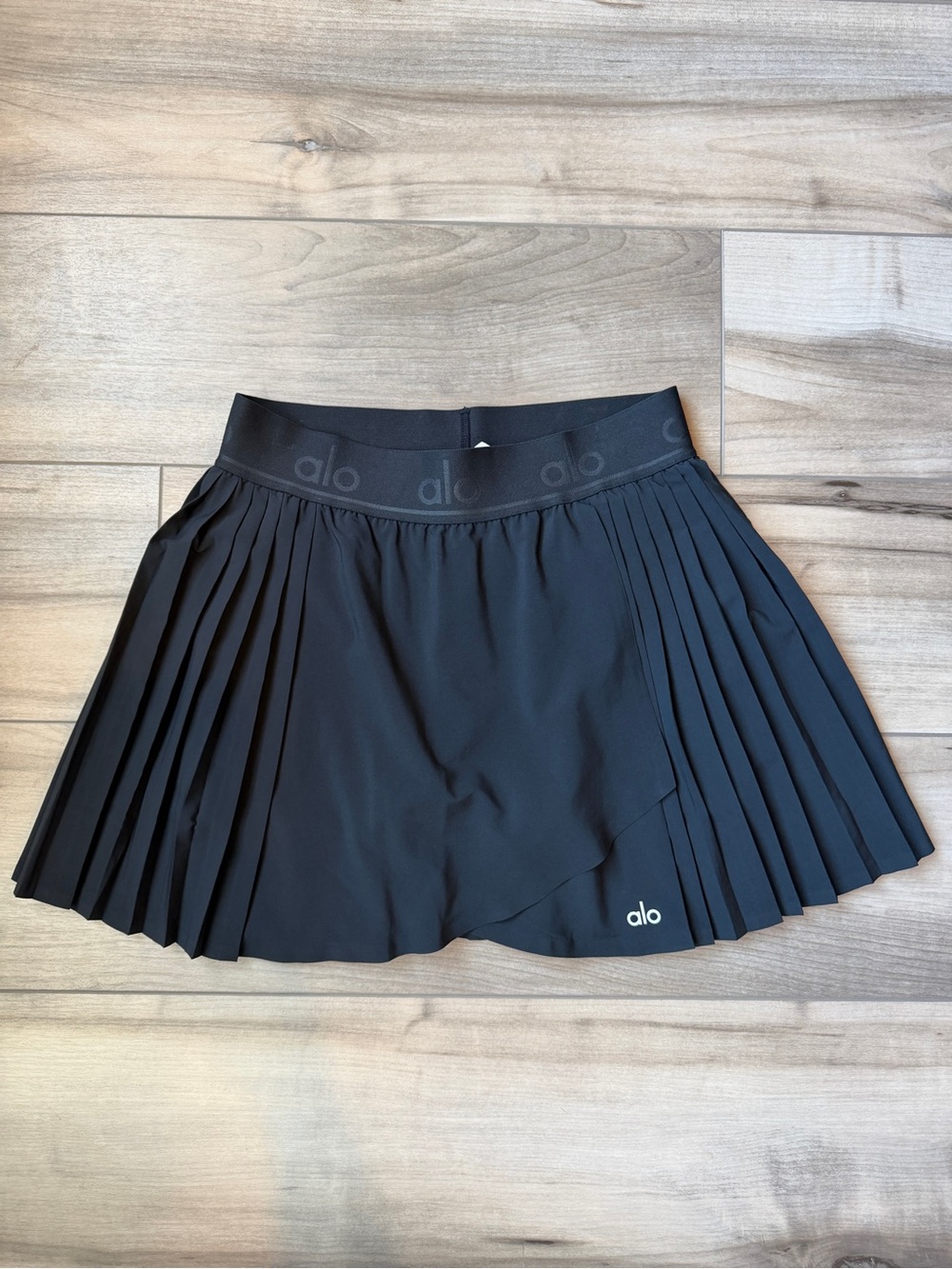 ALO Yoga Black Pleated Circle Skirt with Wrap Front